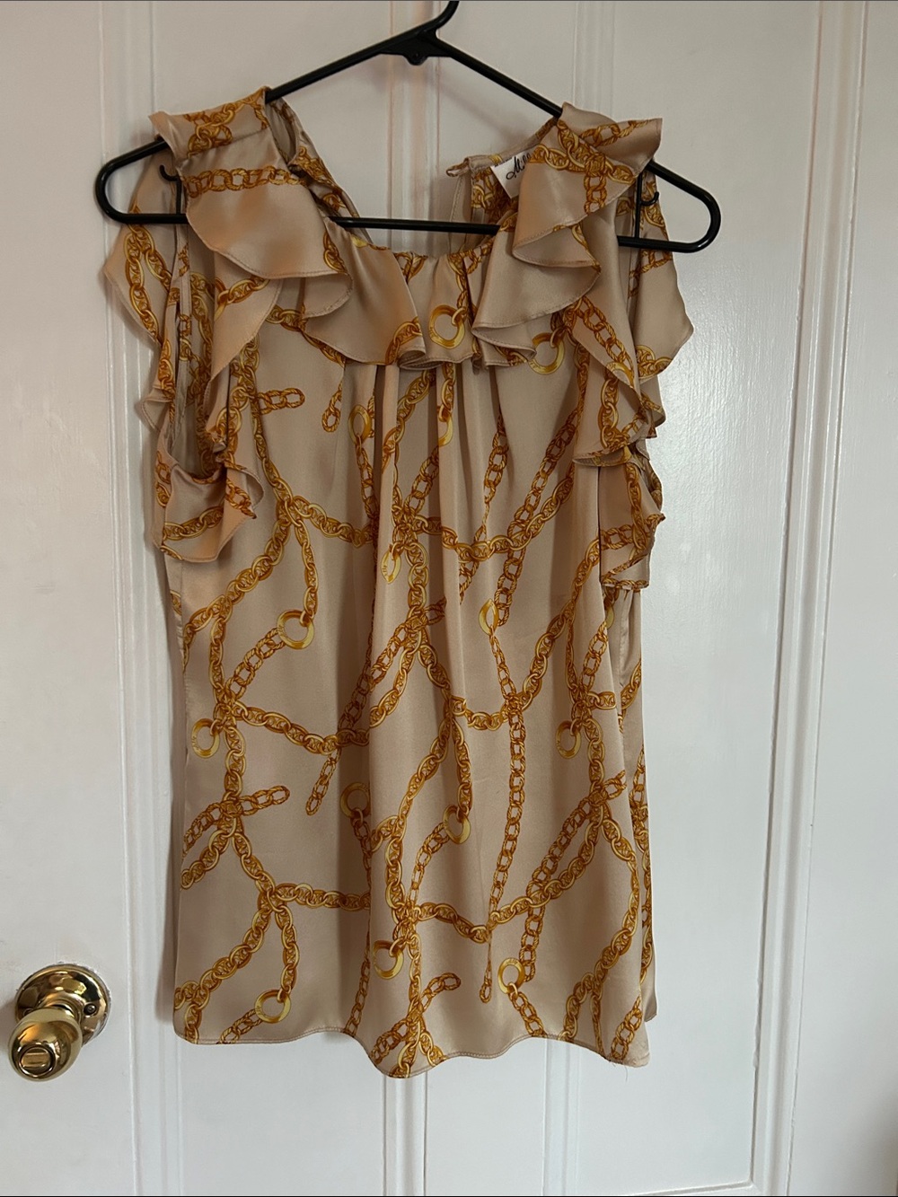 Milly Beige Camisole with Gold Chain Print and Ruffle Neckline